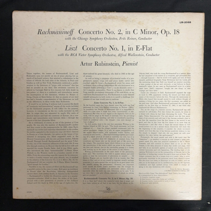 Sergei Rachmaninoff, Franz Liszt, Arthur Rubinstein, Fritz Reiner, Chicago Symphony Orchestra, Alfred Wallenstein, RCA Victor Symphony Orchestra Concerto No. 2 / Concerto No. 1