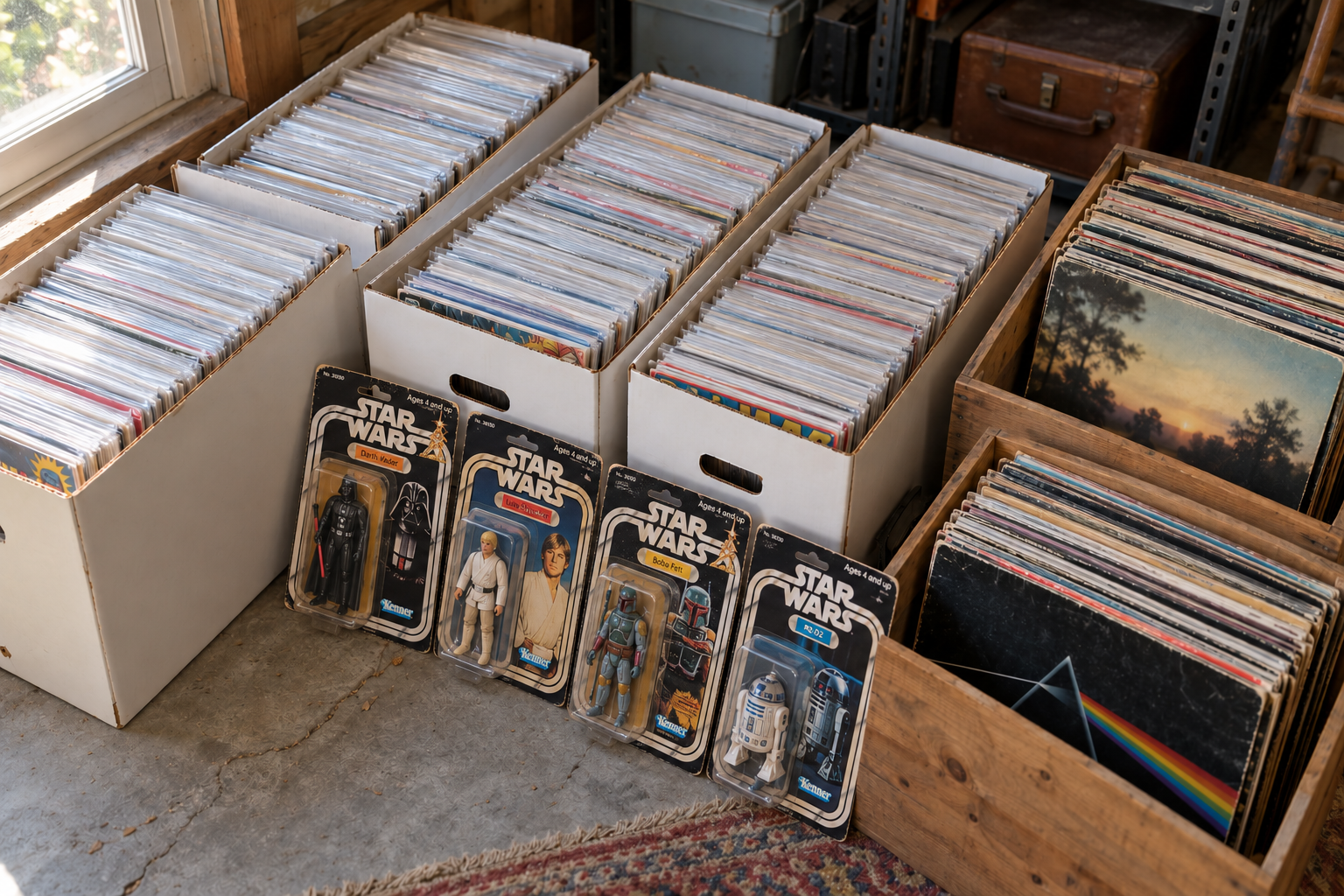 Collectible records and vintage action figures arranged for assessment